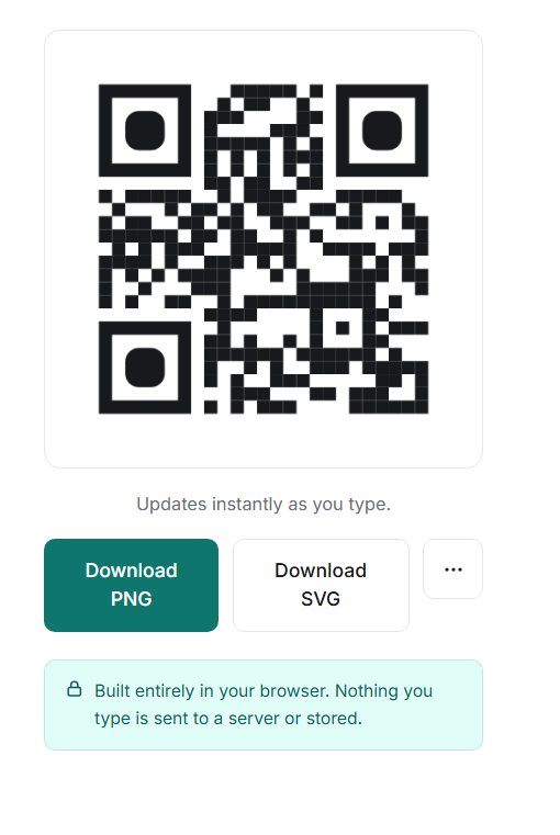 A black QR code with rounded corner squares on a white card in QRinst