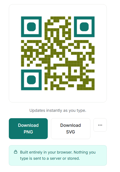 A QR code with teal corner squares and olive green data modules