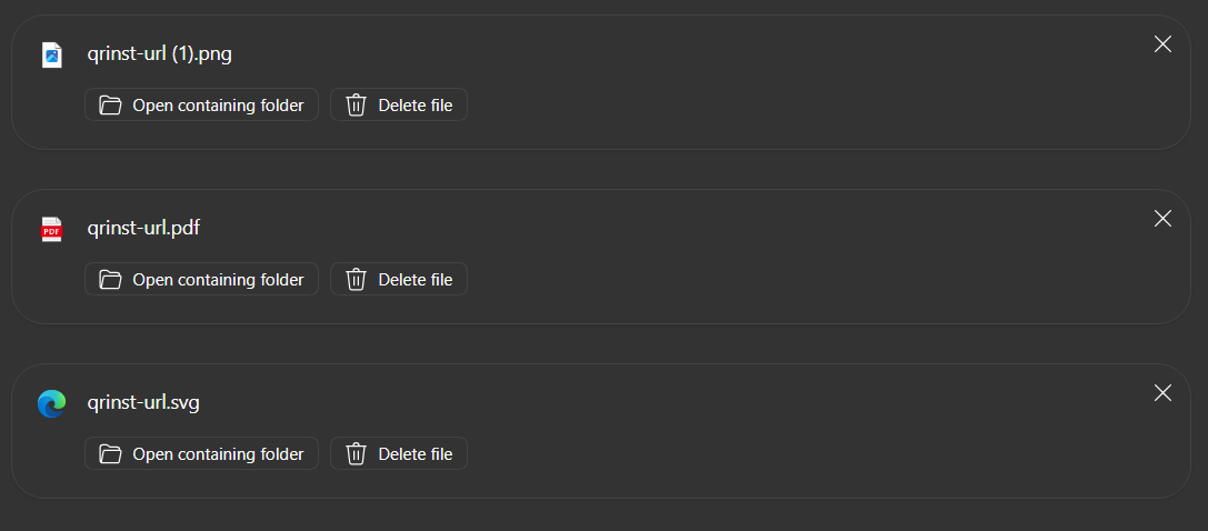 A browser downloads list showing a PNG, PDF and SVG file all named qrinst-url