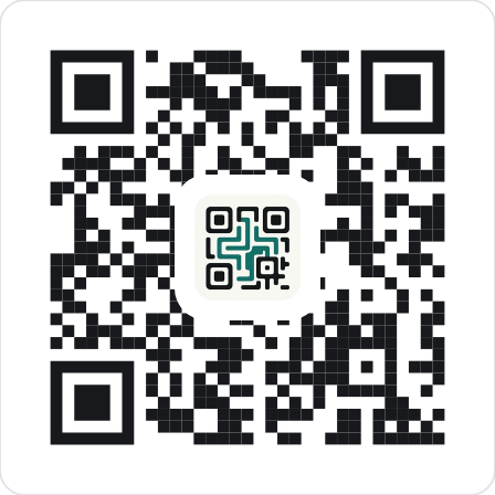 A QR code with a small logo on a light rounded square in the centre
